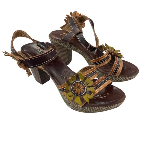 Spring Step Lavish Floral Applique Leather Block Heel Sandal Brown 37 / US 6.5 - Picture 3 of 8